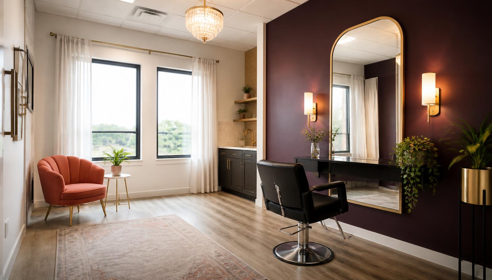 Styled private salon suite near Atlanta airport with plum accent wall, lighted mirror and styling chair